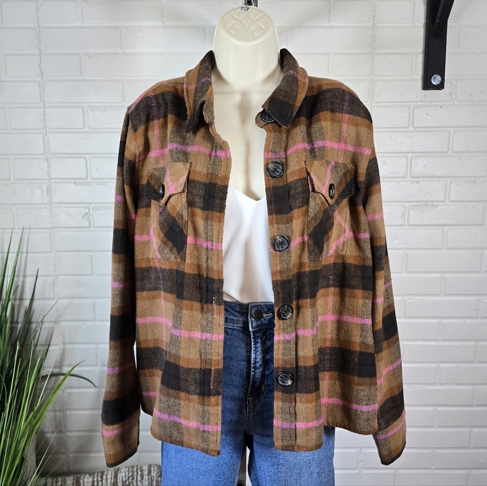 BB Dakota Brown Plaid Button Up Shacket Brown and Pink Size Large - Picture 1 of 9